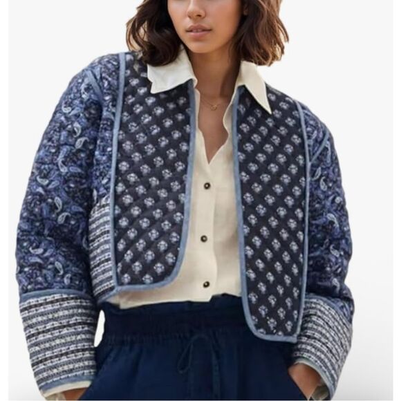 Puffer Jacket Womens Small Blue Pink Floral Paisley Quilted Reversible Cropped - Picture 1 of 13